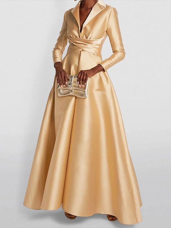 A-Line High Waist Pleated Solid Color V-Neck Maxi Dress