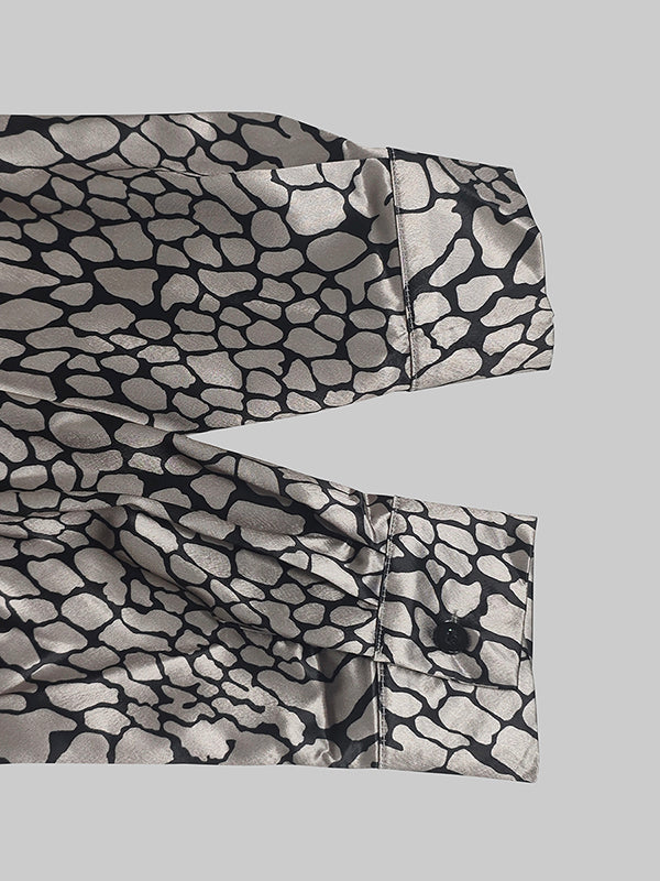 Long Sleeve Loose Buttoned Contrast Color Snakeskin Printed Lapel Blouses & Shirts Tops