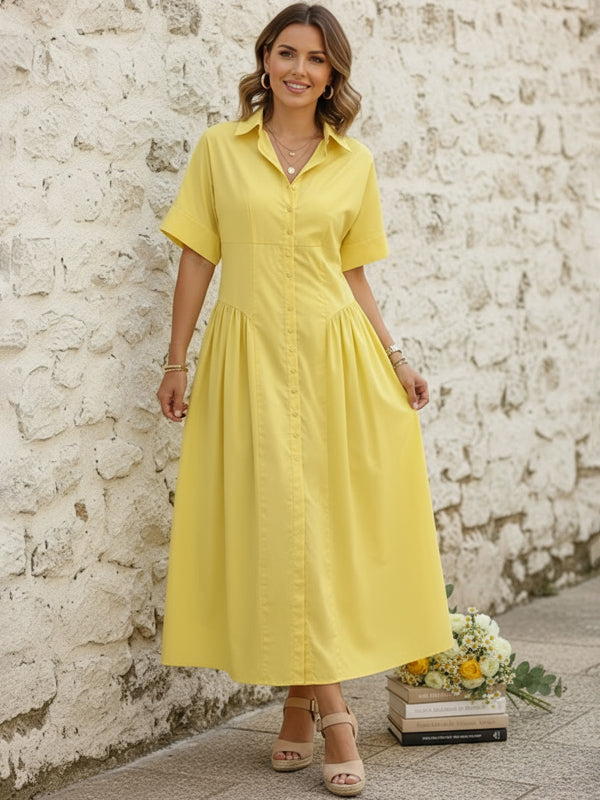 Loose Short Sleeve Buttoned Pleated Solid Color Lapel Collar Midi Dress Shirt Dress