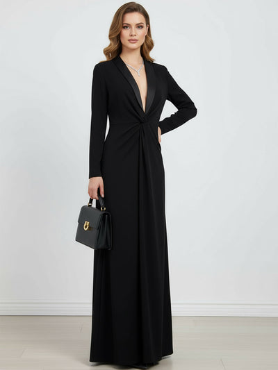 Long Sleeve Skinny Solid Color Deep V-Neck Maxi Dress