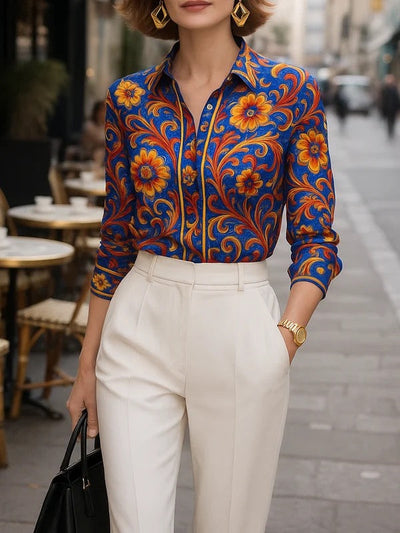 Long Sleeve Buttoned Flower Print Lapel Blouses & Shirts Tops
