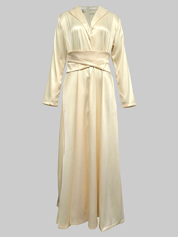 A-Line High Waist Pleated Solid Color V-Neck Maxi Dress