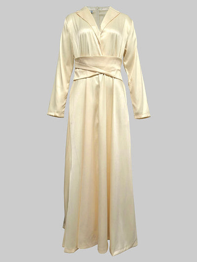 A-Line High Waist Pleated Solid Color V-Neck Maxi Dress