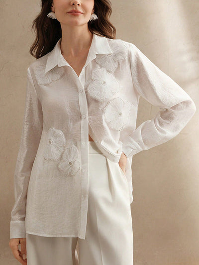 Long Sleeve Applique Split-Joint Lapel Blouses & Shirts Tops