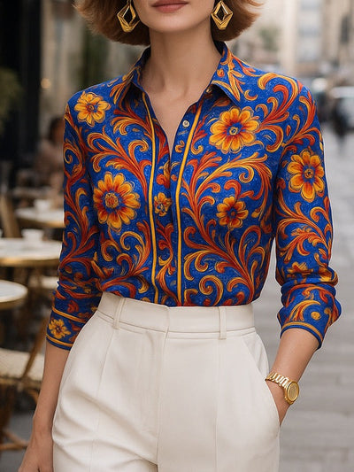 Long Sleeve Buttoned Flower Print Lapel Blouses & Shirts Tops