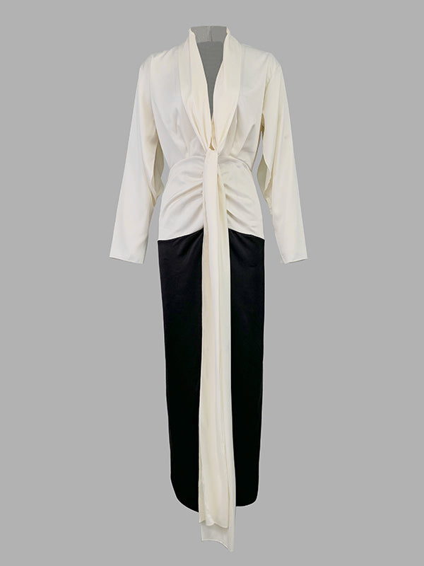 Long Sleeve Loose Contrast Color V-Neck Evening Maxi Dress