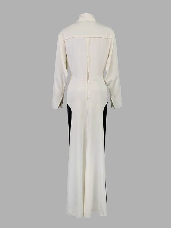 Long Sleeve Loose Contrast Color V-Neck Evening Maxi Dress