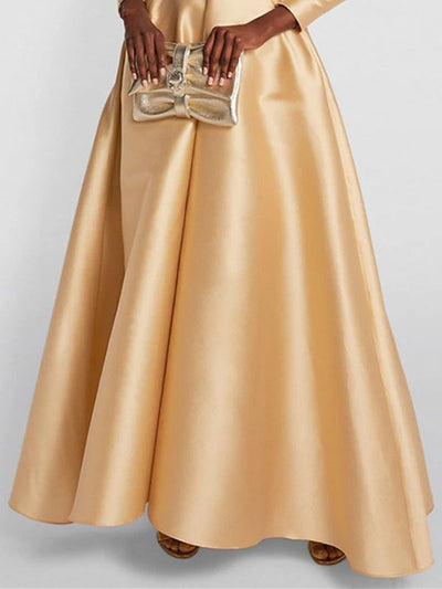 A-Line High Waist Pleated Solid Color V-Neck Maxi Dress