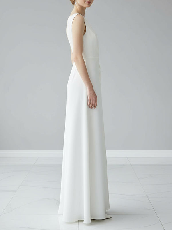 Sleeveless Gauze Pleated Solid Color Split-Joint Round-Neck Evening Dress Maxi Dress