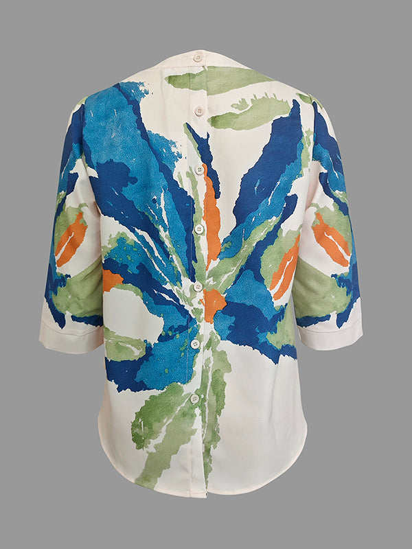 Half Sleeve Loose Buttoned Contrast Color Flower Print Round Neck T-Shirts Tops