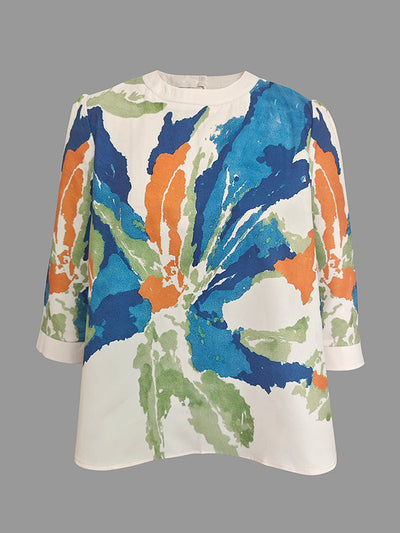 Half Sleeve Loose Buttoned Contrast Color Flower Print Round Neck T-Shirts Tops