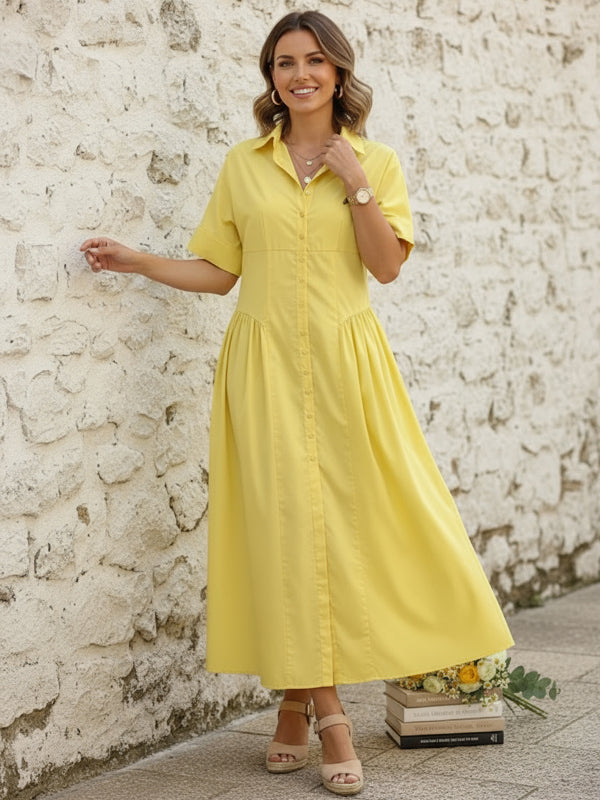 Loose Short Sleeve Buttoned Pleated Solid Color Lapel Collar Midi Dress Shirt Dress