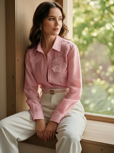 Long Sleeve Applique Split-Joint Lapel Blouses & Shirts Tops