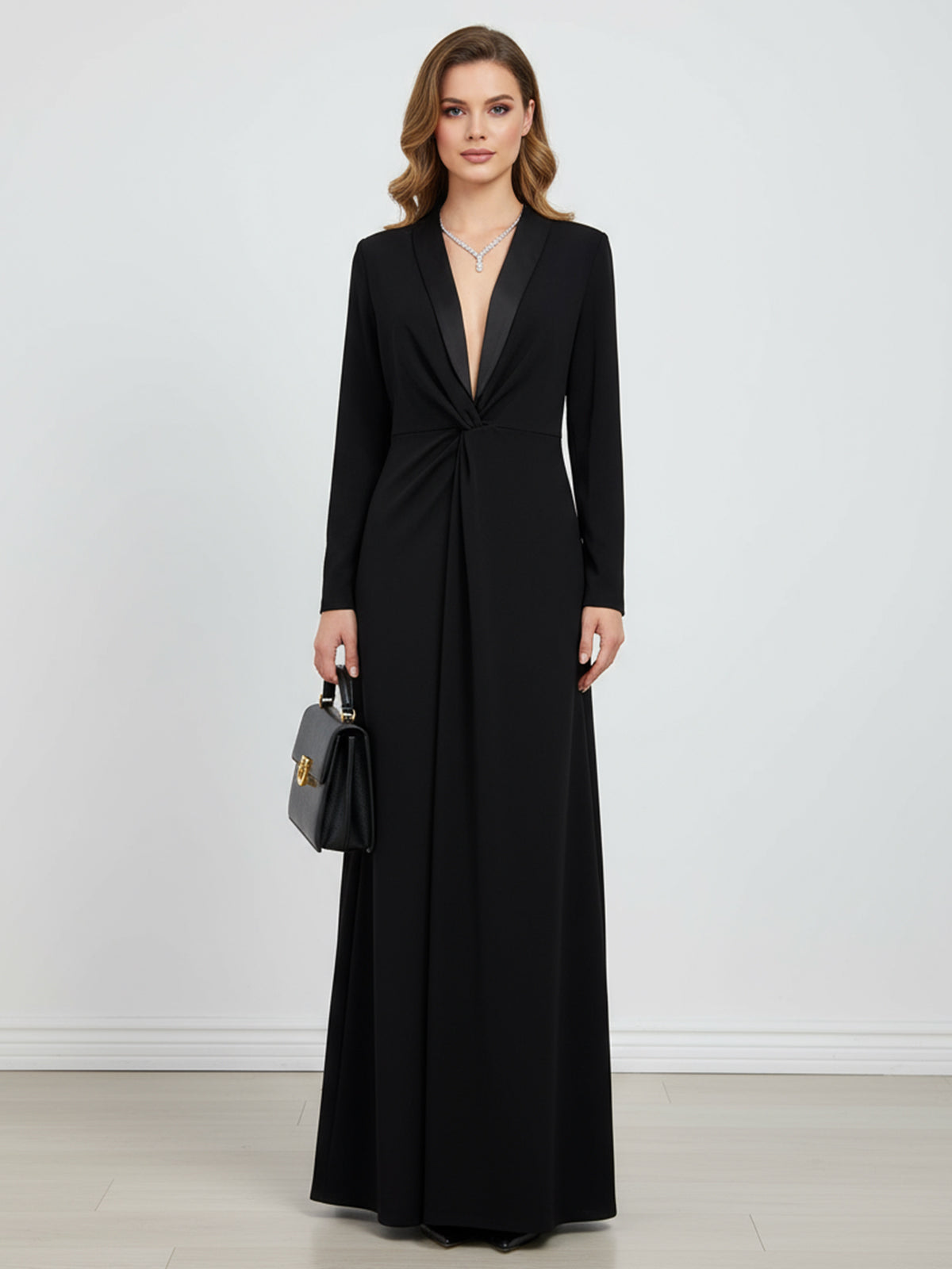 Long Sleeve Skinny Solid Color Deep V-Neck Maxi Dress