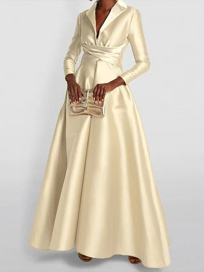 A-Line High Waist Pleated Solid Color V-Neck Maxi Dress