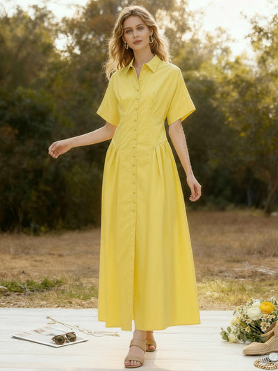 Loose Short Sleeve Buttoned Pleated Solid Color Lapel Collar Midi Dress Shirt Dress