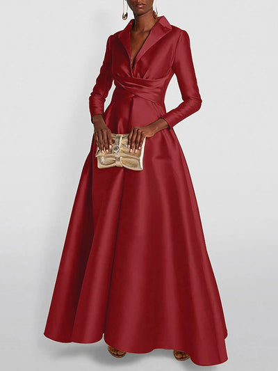 A-Line High Waist Pleated Solid Color V-Neck Maxi Dress