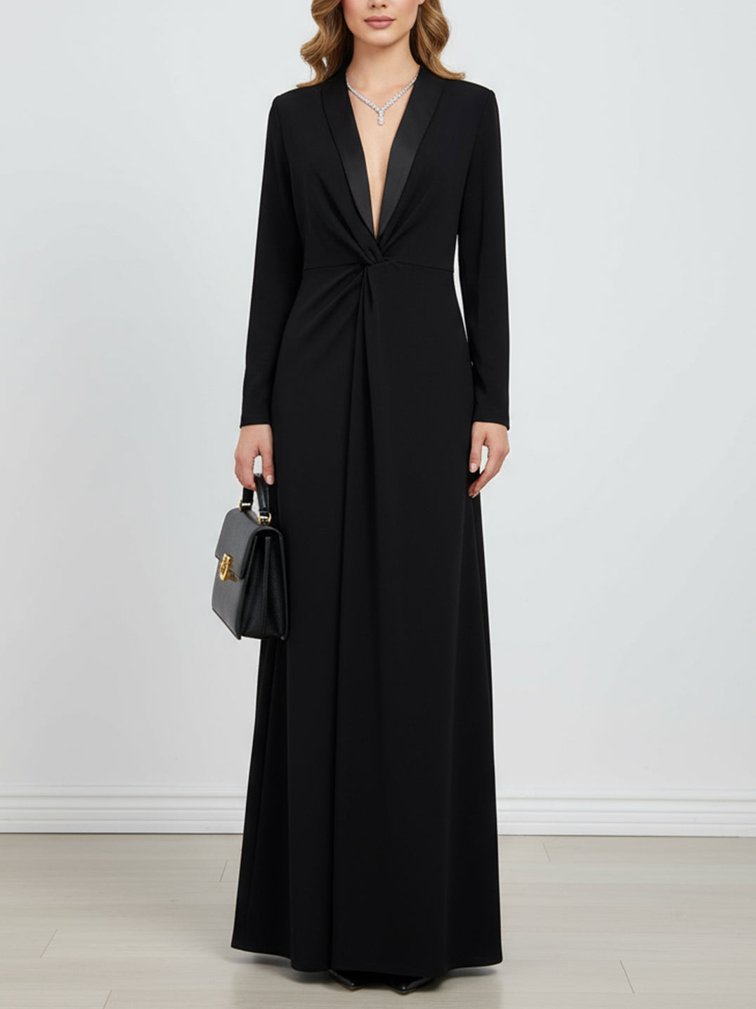 Long Sleeve Skinny Solid Color Deep V-Neck Maxi Dress