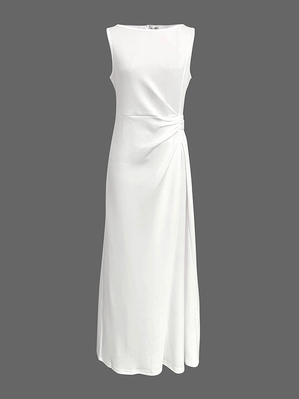 Sleeveless Gauze Pleated Solid Color Split-Joint Round-Neck Evening Dress Maxi Dress