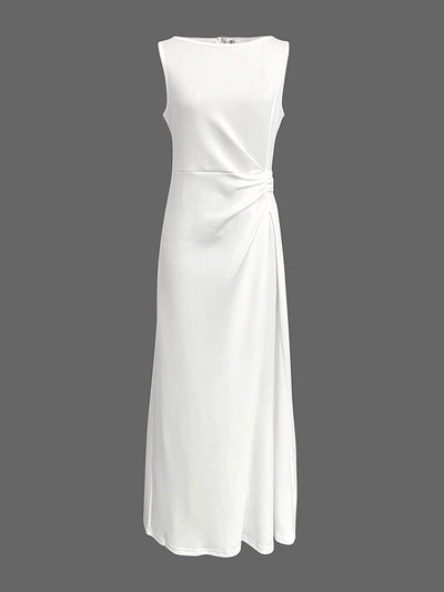 Sleeveless Gauze Pleated Solid Color Split-Joint Round-Neck Evening Dress Maxi Dress