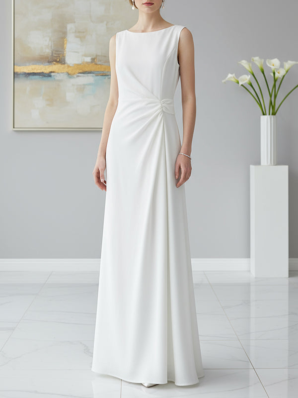 Sleeveless Gauze Pleated Solid Color Split-Joint Round-Neck Evening Dress Maxi Dress
