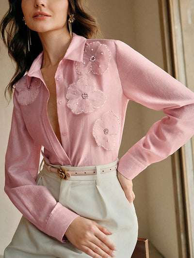 Long Sleeve Applique Split-Joint Lapel Blouses & Shirts Tops