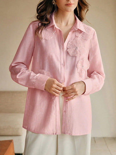 Long Sleeve Applique Split-Joint Lapel Blouses & Shirts Tops
