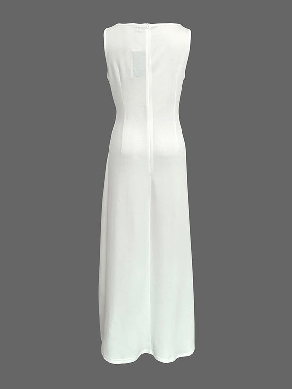 Sleeveless Gauze Pleated Solid Color Split-Joint Round-Neck Evening Dress Maxi Dress