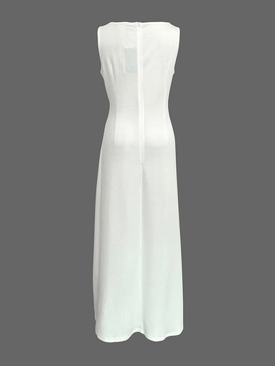 Sleeveless Gauze Pleated Solid Color Split-Joint Round-Neck Evening Dress Maxi Dress