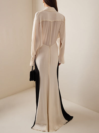 Long Sleeve Loose Contrast Color V-Neck Evening Maxi Dress