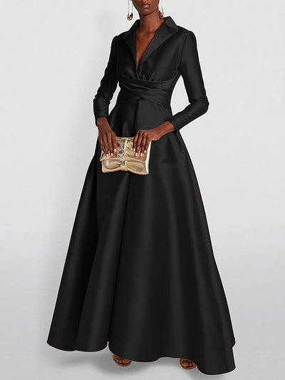 A-Line High Waist Pleated Solid Color V-Neck Maxi Dress