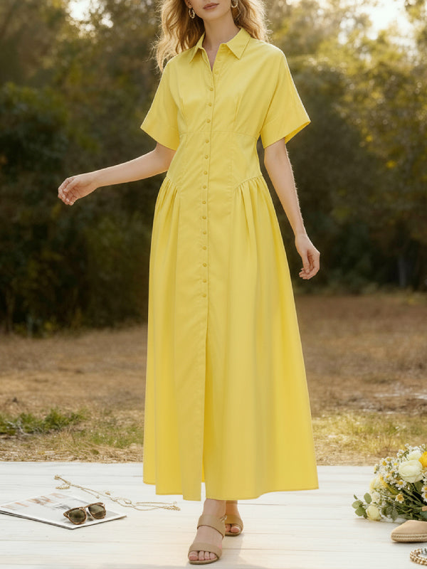 Loose Short Sleeve Buttoned Pleated Solid Color Lapel Collar Midi Dress Shirt Dress