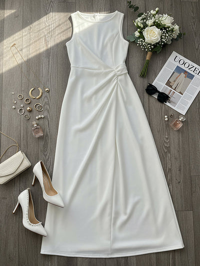 Sleeveless Gauze Pleated Solid Color Split-Joint Round-Neck Evening Dress Maxi Dress