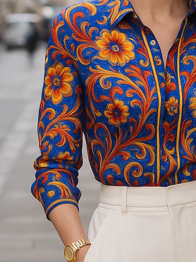Long Sleeve Buttoned Flower Print Lapel Blouses & Shirts Tops
