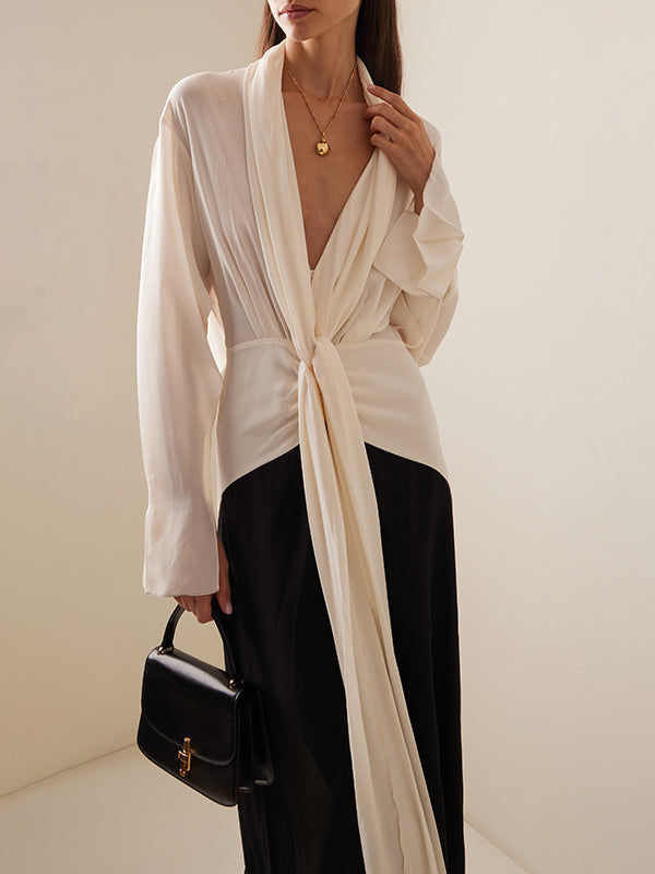 Long Sleeve Loose Contrast Color V-Neck Evening Maxi Dress