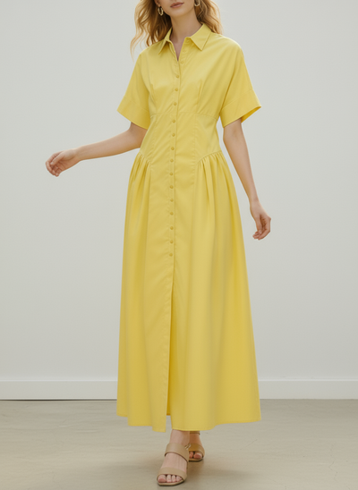 Loose Short Sleeve Buttoned Pleated Solid Color Lapel Collar Midi Dress Shirt Dress