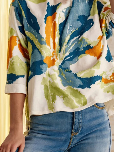 Half Sleeve Loose Buttoned Contrast Color Flower Print Round Neck T-Shirts Tops