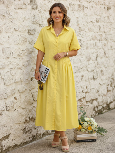 Loose Short Sleeve Buttoned Pleated Solid Color Lapel Collar Midi Dress Shirt Dress