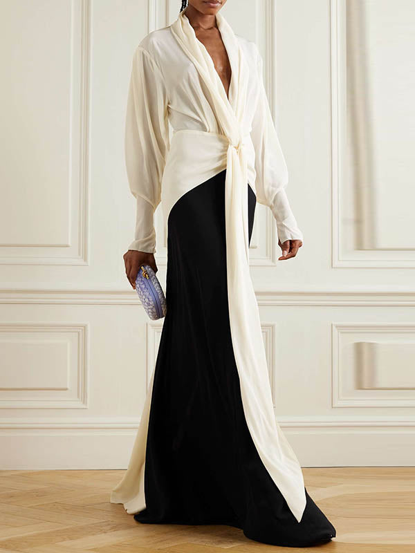 Long Sleeve Loose Contrast Color V-Neck Evening Maxi Dress