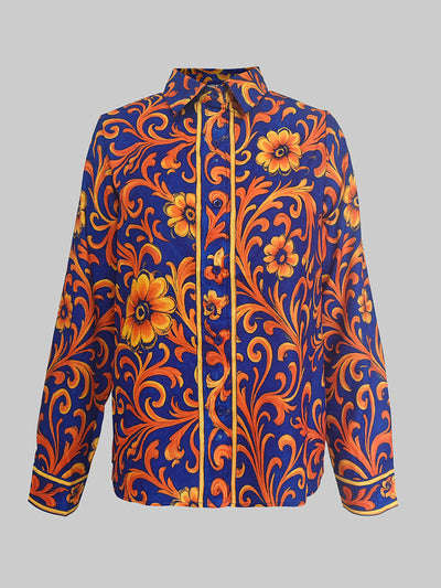 Long Sleeve Buttoned Flower Print Lapel Blouses & Shirts Tops