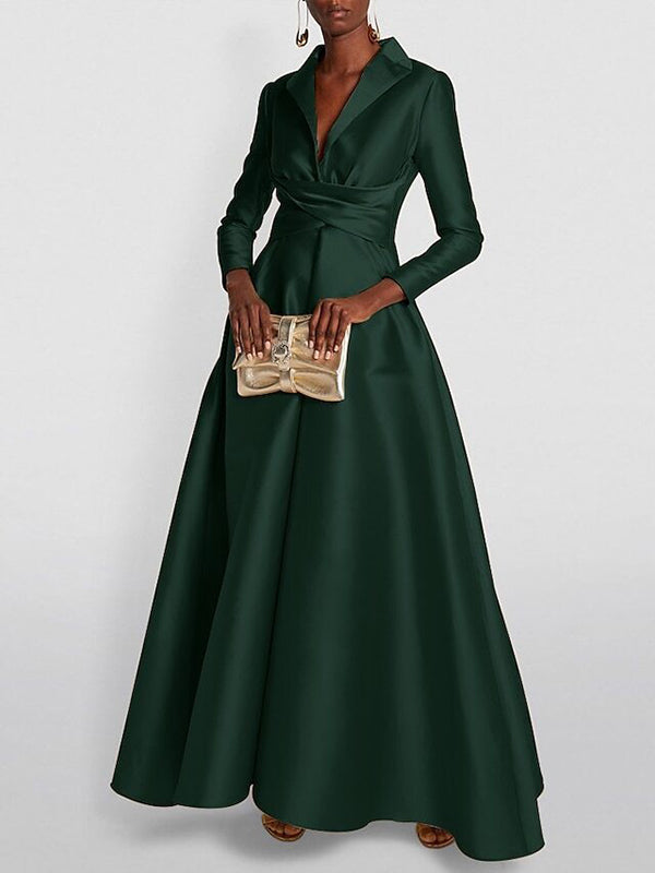 A-Line High Waist Pleated Solid Color V-Neck Maxi Dress