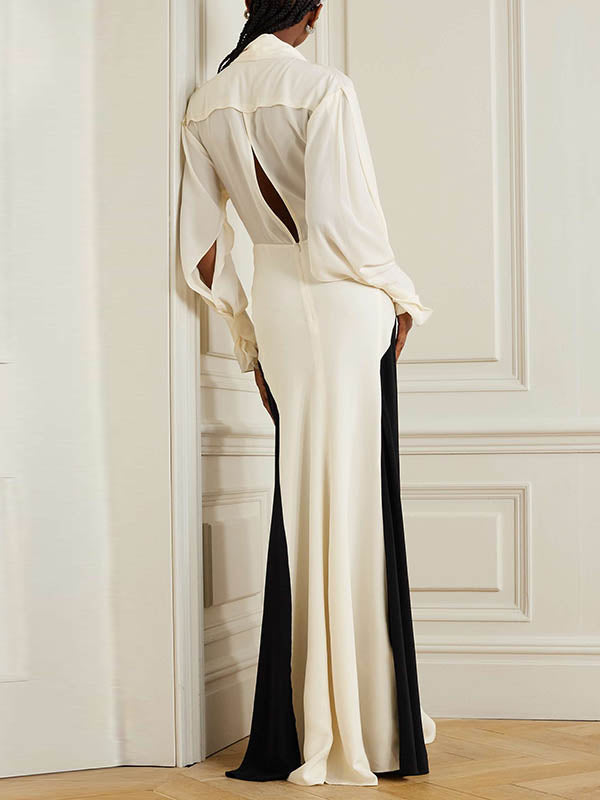 Long Sleeve Loose Contrast Color V-Neck Evening Maxi Dress