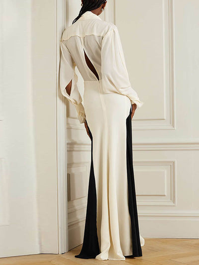 Long Sleeve Loose Contrast Color V-Neck Evening Maxi Dress