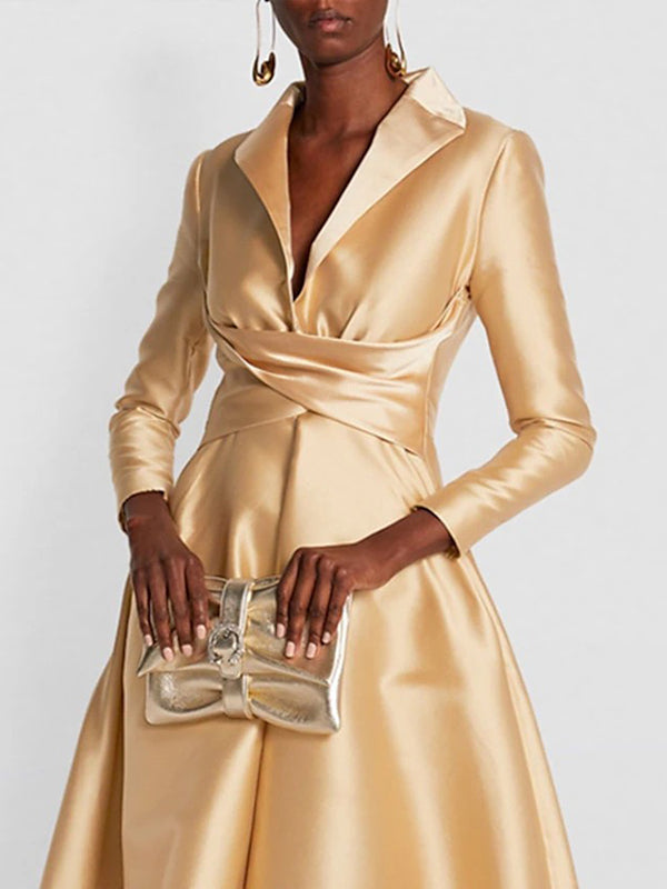 A-Line High Waist Pleated Solid Color V-Neck Maxi Dress