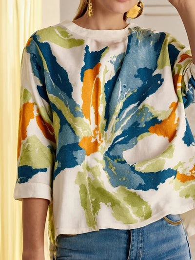 Half Sleeve Loose Buttoned Contrast Color Flower Print Round Neck T-Shirts Tops