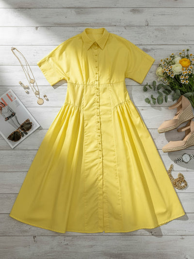 Loose Short Sleeve Buttoned Pleated Solid Color Lapel Collar Midi Dress Shirt Dress