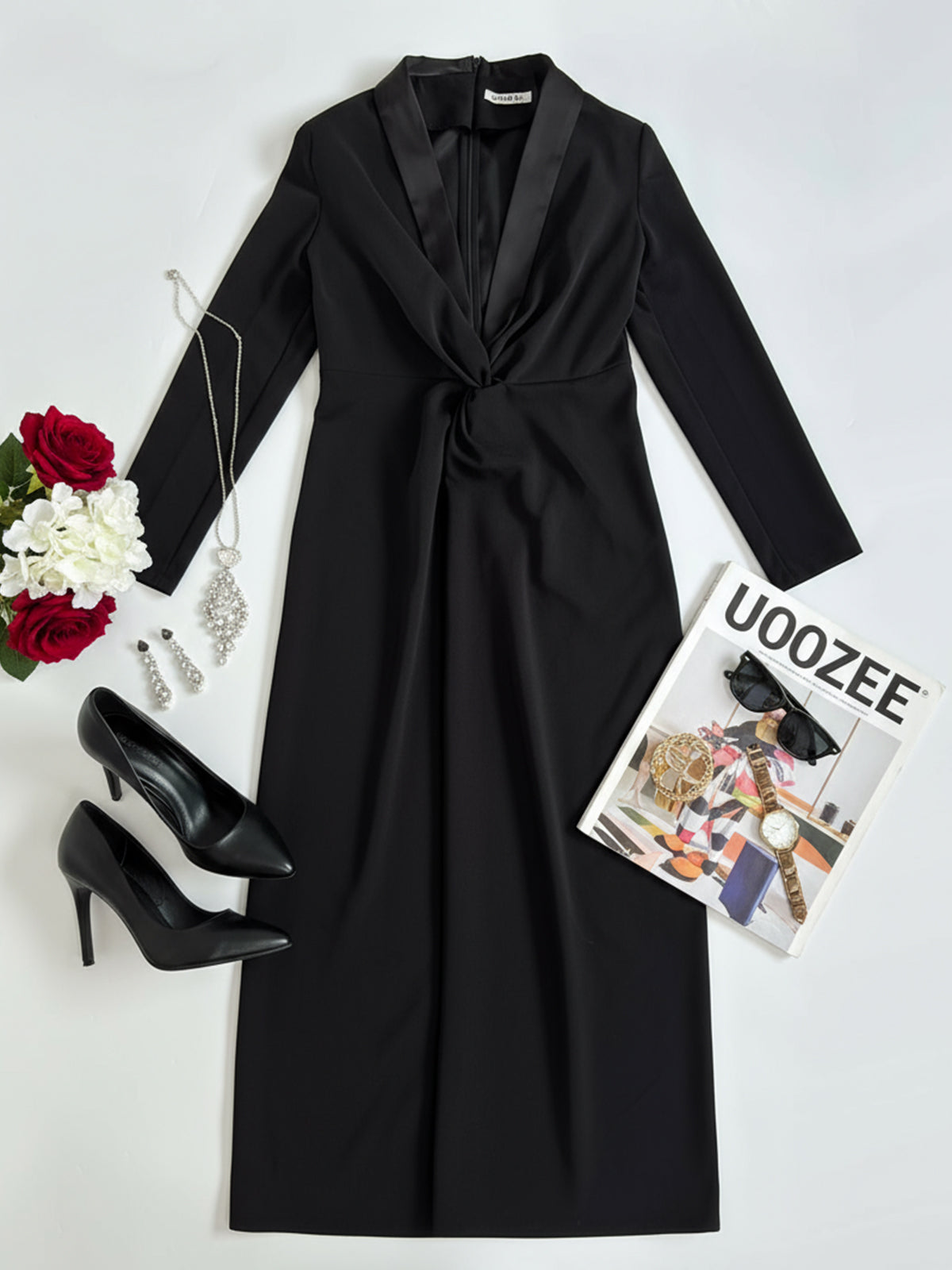 Long Sleeve Skinny Solid Color Deep V-Neck Maxi Dress