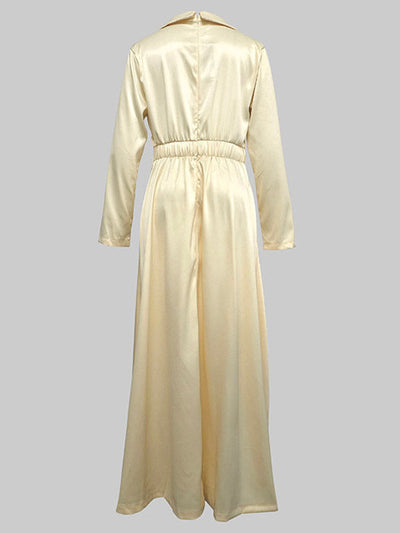 A-Line High Waist Pleated Solid Color V-Neck Maxi Dress