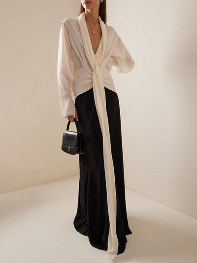 Long Sleeve Loose Contrast Color V-Neck Evening Maxi Dress