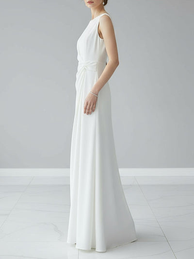 Sleeveless Gauze Pleated Solid Color Split-Joint Round-Neck Evening Dress Maxi Dress